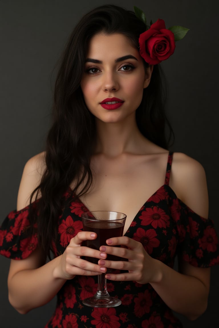 brunette woman, half body, with black hair and red rose in her hair. wearing red and black dress, holding a glass in her hands. sensual woman, penetrating look, extroverted. richness of details. 8k.,\realface\