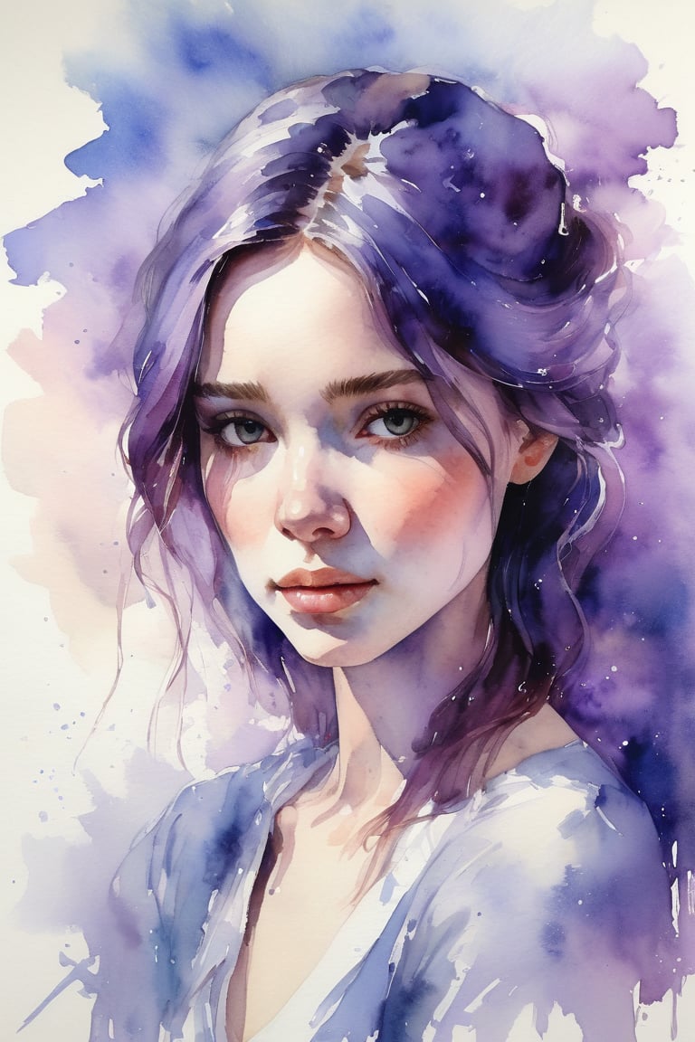 Generate a portrait using deep blue,  violet,  and soft lavender to express reflective melancholy. Impressionism. Watercol...