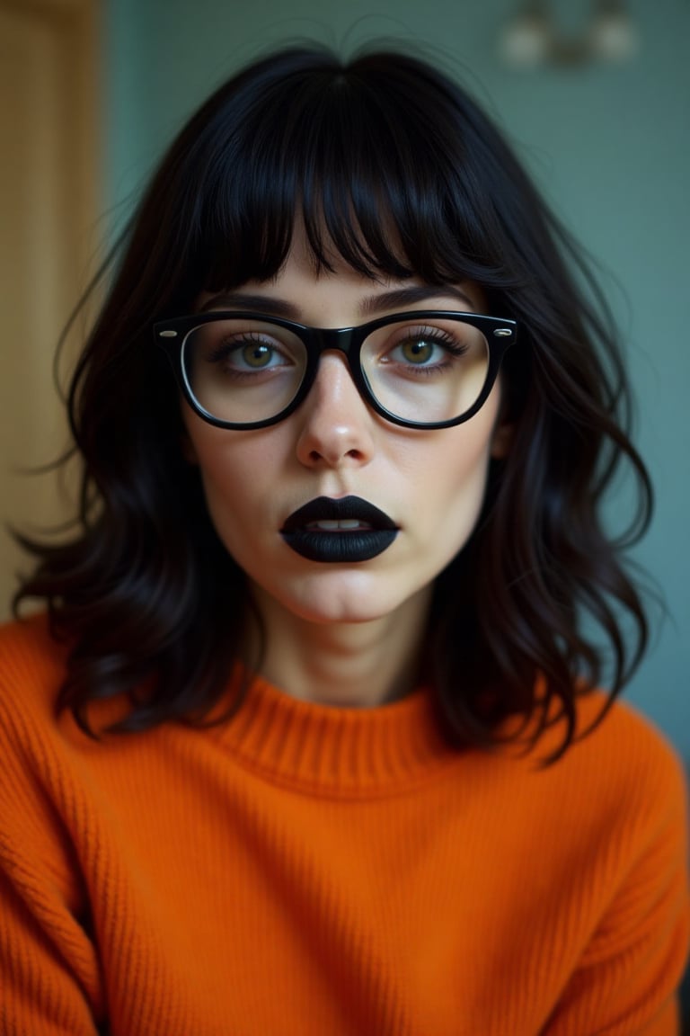goth girl astestic,  velma from scooby-doo,  a woman wearing eye glasses and an orange sweater by user_776539390288635677...