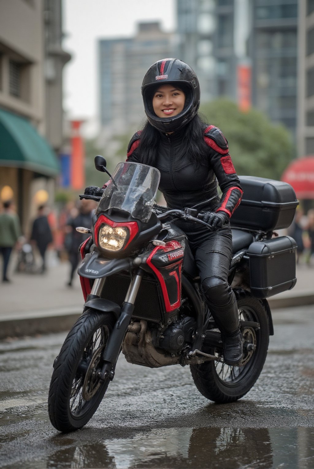 a cyborg girl in mecha armor,60yo,black and red colored armor,neon light lines glowing,exquisite face,soft shiny skin,long hair blowing, pretty smile, riding Triumph Tiger 1200 Rally Explorer, city street backdrop,puddles,dynamic pose,focused expression,realistic,detailed,masterpiece,best quality,sharp focus,high contrast,rule of thirds,depth of perspective,trending on artstation,award-winning photo,chiaroscuro lighting,ek_g1rl_02,ek_art_b00ster,ttthangf