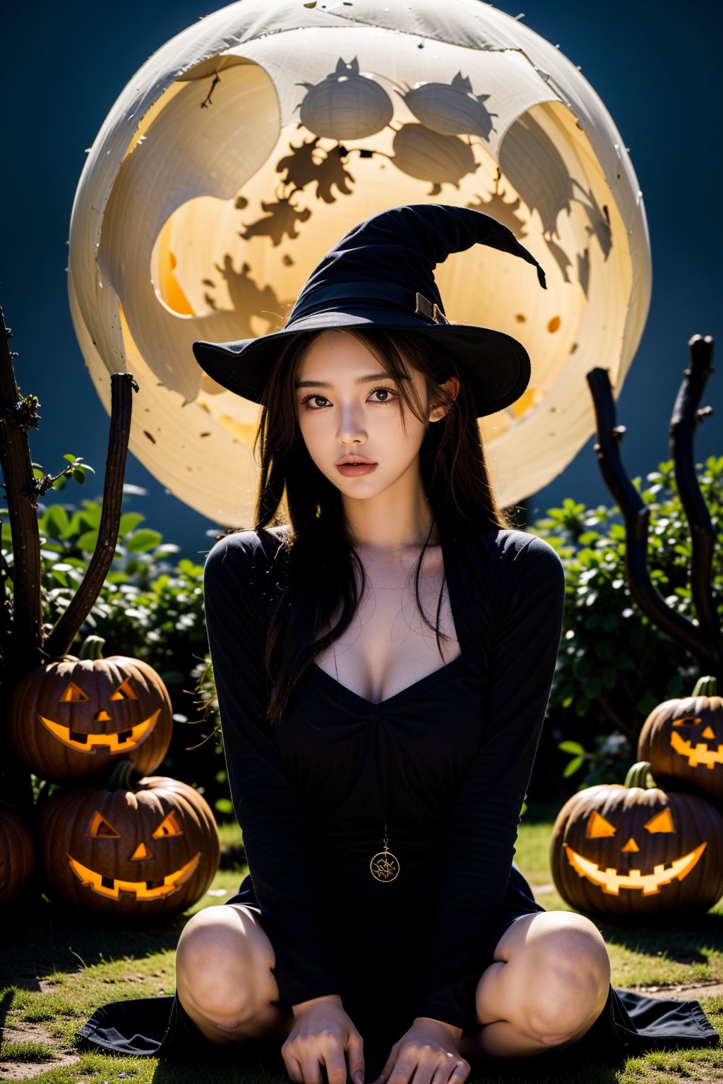 Close-up of a beautiful witch with red hair on Halloween, sitting on a tree branch in the night forest, holding a black cat, full moon, pumpkins on the ground next to her, their eyes and mouth glowing, in a black glow, zaya, midjourney_whisper_avant_couture