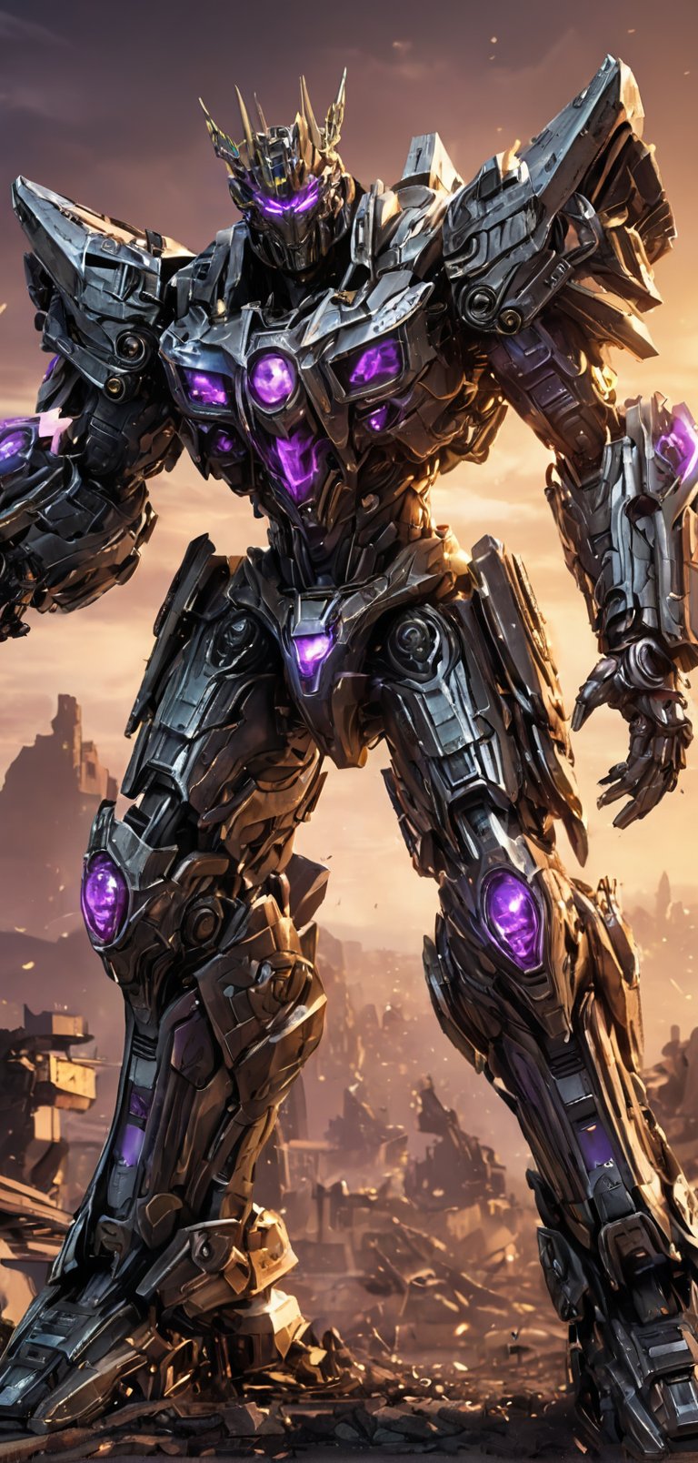 (extremely detailed 4k wallpaper), a medium full body photo of Trypticon transformer,intricate, highly detailed, dramatic, in Trypticon transformer costume,screaming, golden accents, decepticon, supreme, powerful, undefeated, chrome armor, bright chrome body, purple glowing eyes. Shoulder cannon (rail gun),