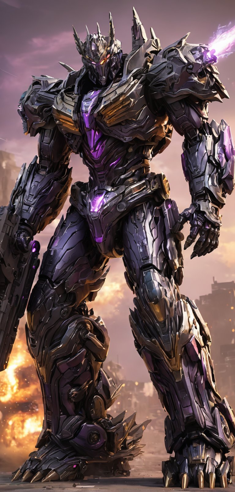 (extremely detailed 4k wallpaper), a medium full body photo of Trypticon transformer,intricate, highly detailed, dramatic, in Trypticon transformer costume,screaming, golden accents, decepticon, supreme, powerful, undefeated, chrome armor, bright chrome body, purple glowing eyes. Shoulder cannon (rail gun),