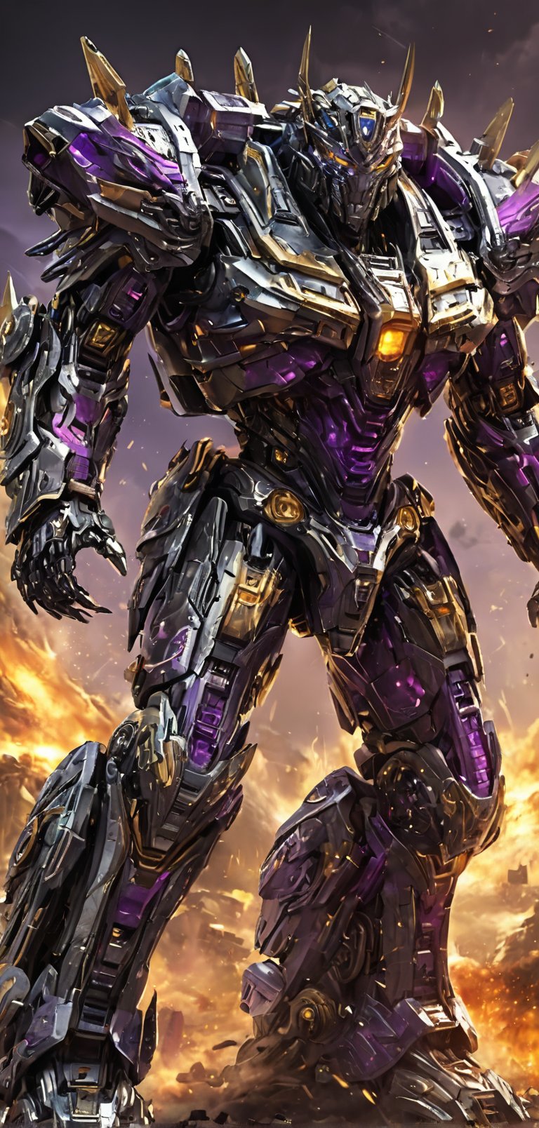 (extremely detailed 4k wallpaper), a medium full body photo of Trypticon transformer,intricate, highly detailed, dramatic, in Trypticon transformer costume,screaming, golden accents, decepticon, supreme, powerful, undefeated, chrome armor, bright chrome body, purple glowing eyes. Shoulder cannon (rail gun), zoomed out, 