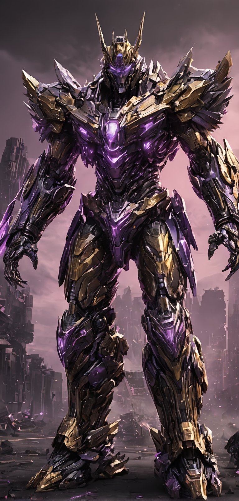 (extremely detailed 4k wallpaper), a medium full body photo of Trypticon transformer,intricate, highly detailed, dramatic, in Trypticon transformer costume,screaming, golden accents, decepticon, supreme, powerful, undefeated, chrome armor, bright chrome body, purple glowing eyes.