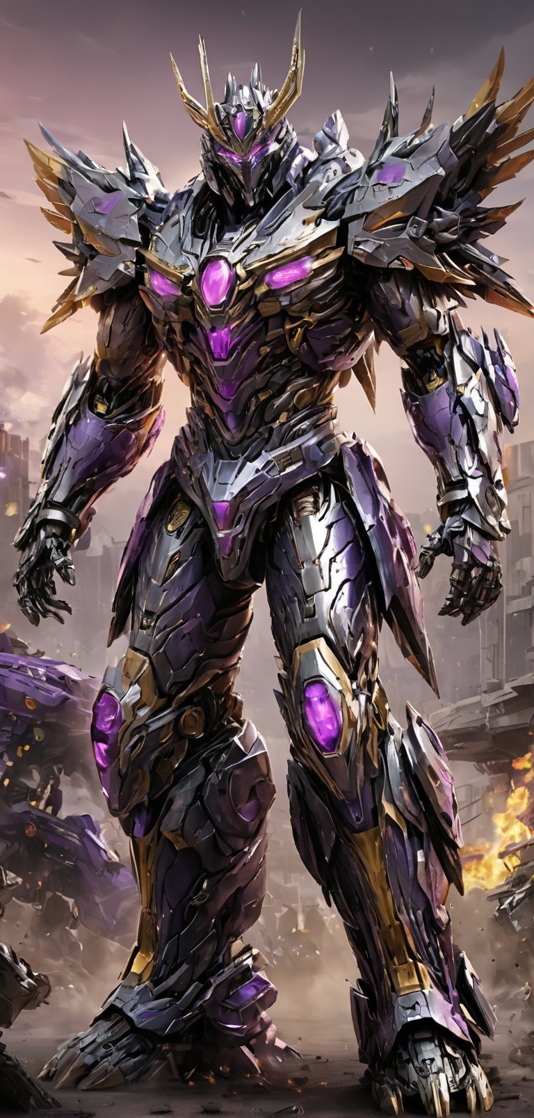 (extremely detailed 4k wallpaper), a medium full body photo of Trypticon transformer,intricate, highly detailed, dramatic, in Trypticon transformer costume,screaming, golden accents, decepticon, supreme, powerful, undefeated, chrome armor, bright chrome body, purple glowing eyes.