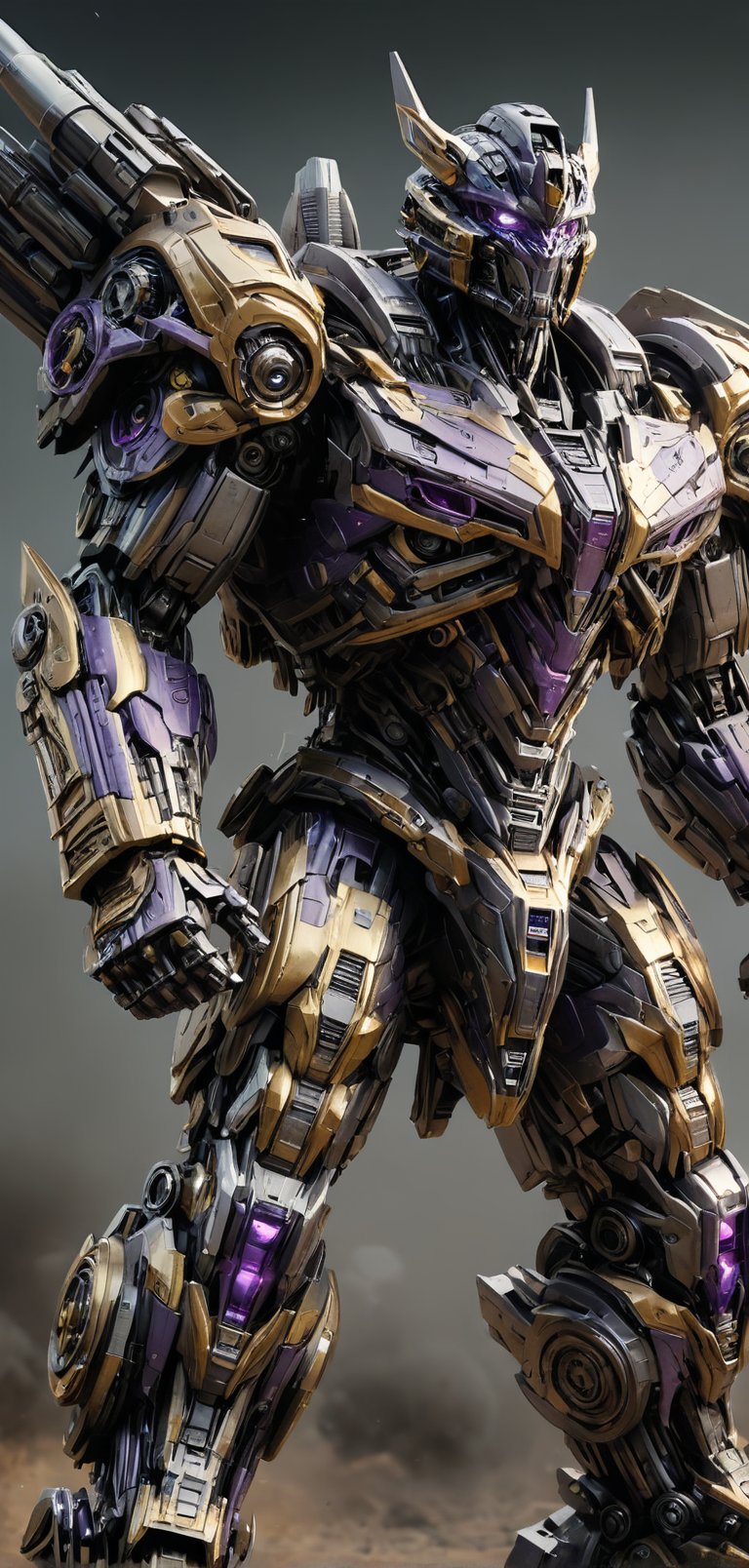 (extremely detailed 4k wallpaper), a medium full body photo of Trypticon transformer,intricate, highly detailed, dramatic, in Trypticon transformer costume,screaming, golden accents, decepticon, supreme, powerful, undefeated, chrome armor, bright chrome body, purple glowing eyes. Shoulder cannon (rail gun), (((zoomed out:1.5))),TransformersStyle