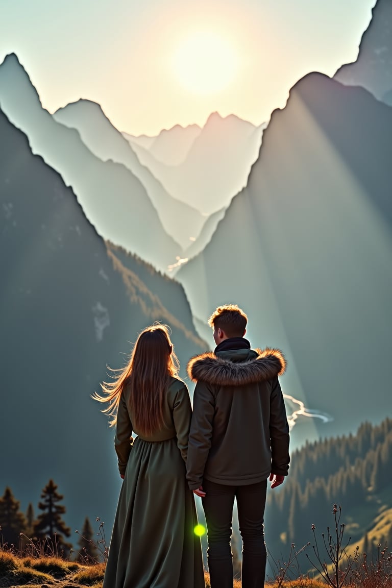 Tatiana and Petr standing together at the edge of a misty mountain valley, surrounded by towering peaks that seem to touch the sky. The sun casts a warm glow on their faces as they gaze out at the breathtaking landscape before them. Tatiana's long hair blows gently in the breeze, while Petr's rugged features are set with determination.