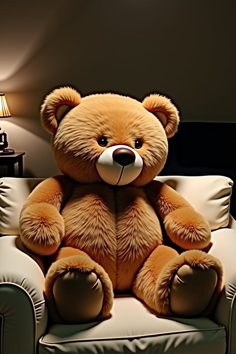 A massive plush bear sitting comfortably on a soft, white couch with a subtle cream-colored armchair in the background. The bear's fur is a warm, golden brown and slightly tousled, as if it had just been cuddled. The room is dimly lit, with a single table lamp casting a cozy glow.