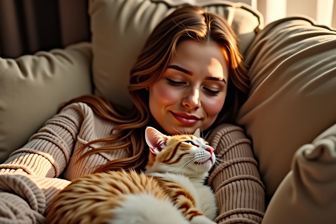 A warm and cozy scene unfolds: Katya and her cat sit together on a plush couch, surrounded by soft cushions and gentle curves. The lighting is soft and golden, casting a warm glow over the pair. Katya's eyes are fixed on her feline companion, her expression serene and content. The cat's fur glistens in the gentle light, its whiskers twitching as it snuggles into Katya's lap.