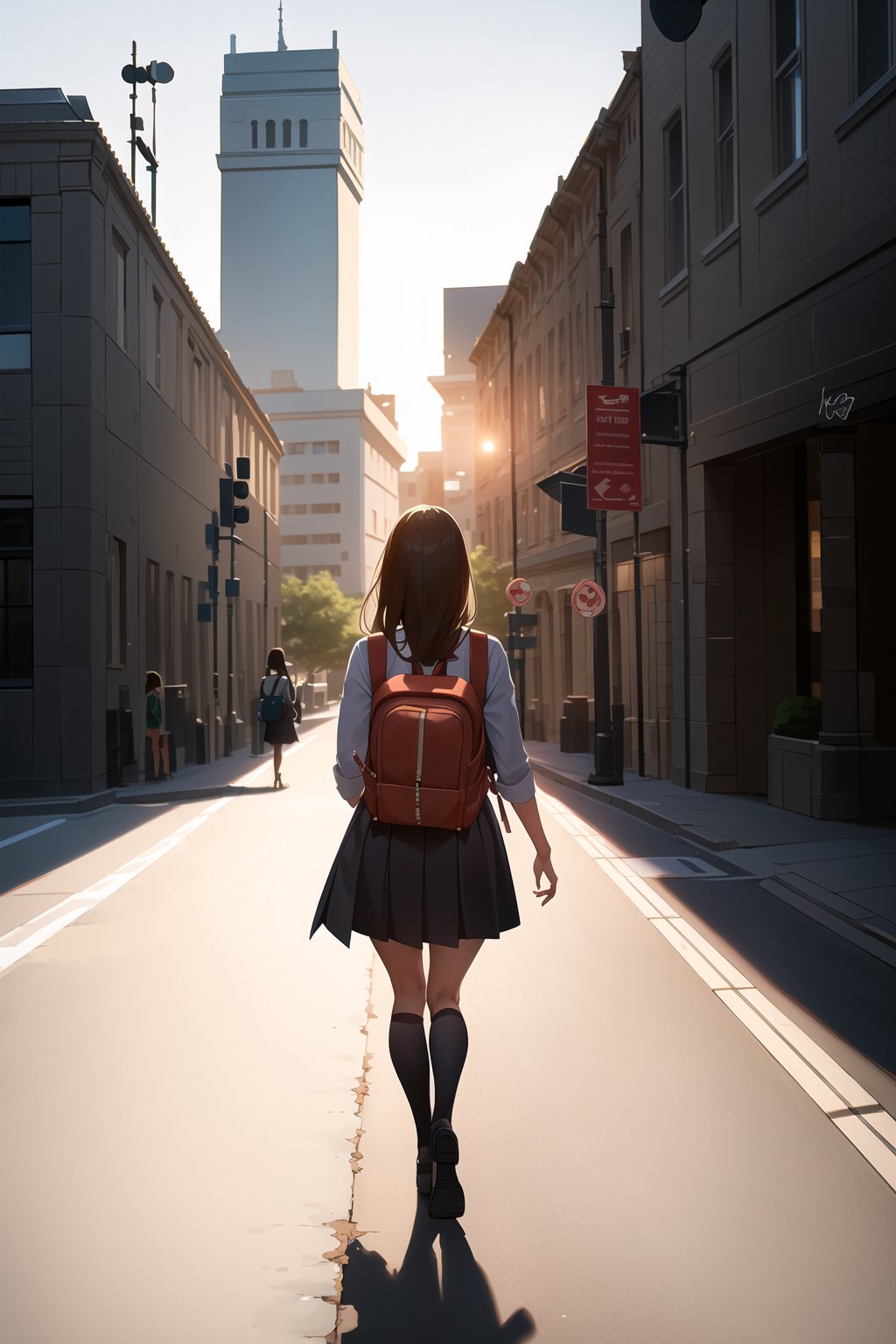 A young woman carrying a backpack walks towards the college entrance, framed against a warm morning light casting long shadows on the pavement. She stands tall, her stride confident and purposeful as she approaches the iconic campus gates. The vibrant colors of her outfit pop against the neutral tones of the architecture, drawing attention to her energetic persona.