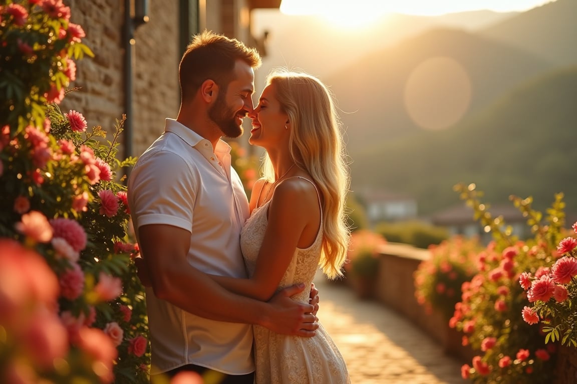 Golden sunlight illuminates a picturesque Italian landscape as a loving couple, entwined in affection, stands amidst a vibrant bouquet of flowers. The man's strong arms cradle the woman's slender waist, their faces aglow with joy and adoration. A soft focus blurs the background, while the flowers' colors pop against the warm, sun-kissed stone wall.