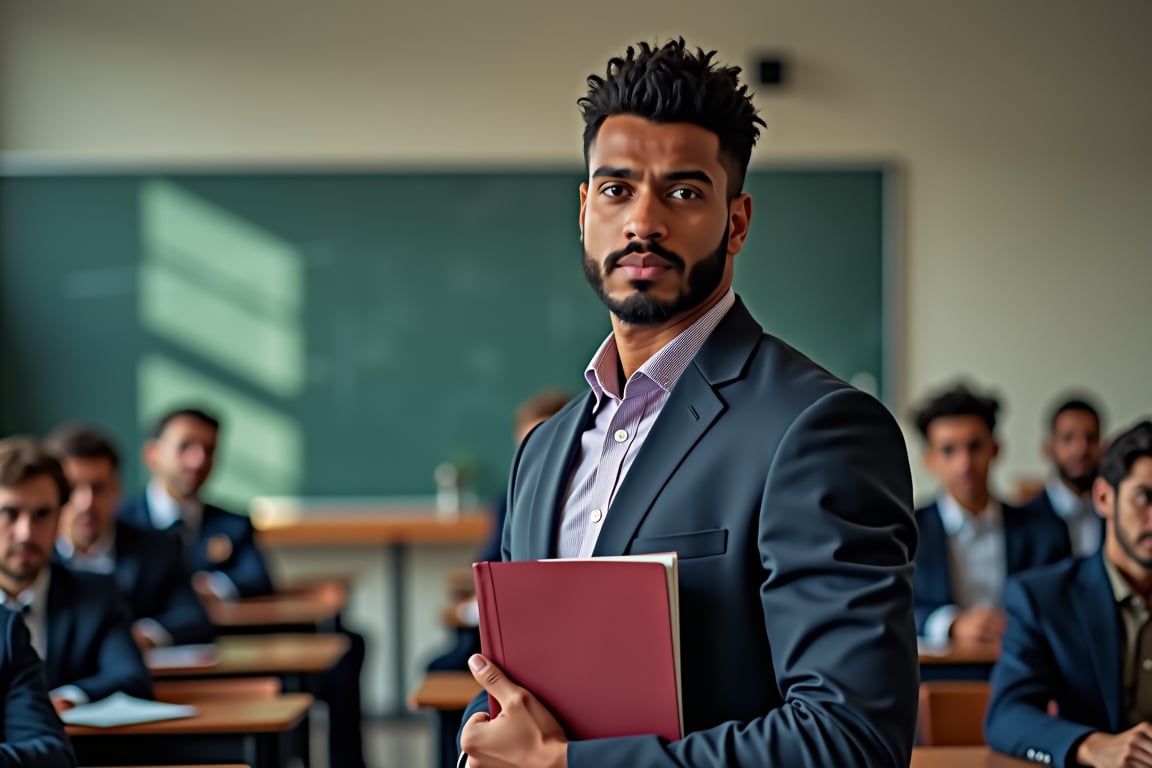 A person stands confidently in a well-lit classroom, with a determined expression on their face. The framing of the shot focuses on their powerful stance, emphasizing their right to education. Soft lighting highlights the importance of this concept, as the person holds a book or diploma, symbolizing their pursuit of knowledge. The background is blurred, keeping the viewer's attention on the subject's courageous pose.