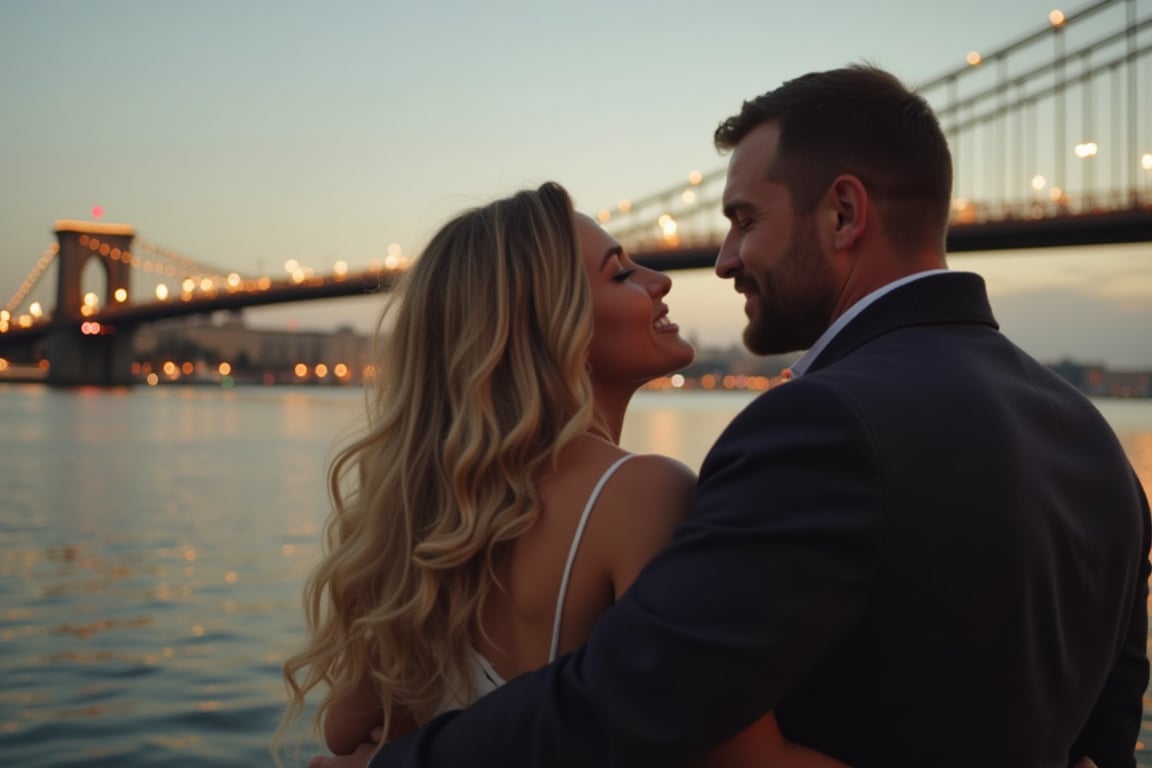 A tender moment unfolds beneath the grandeur of St. Petersburg's iconic bridge as a loving couple shares a romantic encounter. The soft glow of evening lights reflects off the water, casting a warm ambiance on the pair embracing the city's beauty. The woman's golden locks cascade down her back as she tilts her head in adoration, while her partner's strong arm wraps gently around her waist.