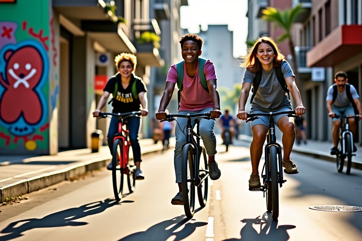 A group of youths on bicycles ride through a bustling city street, sunlight casting long shadows across the pavement. Vibrant street art adorns building walls as they pedal past, a blur of motion and laughter amidst urban energy.