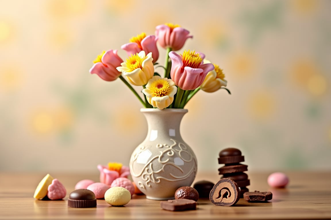 A warm and inviting still life scene: a vase filled with colorful marzipan sweets and rich chocolate candies sits elegantly on a wooden table, against a soft, creamy background. The vase is adorned with delicate etchings and has a subtle sheen to it, catching the gentle light that illuminates the composition.