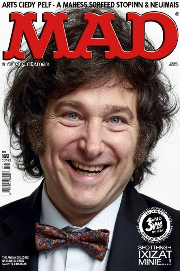 (((Javier Milei))) (((Mad Magazine cover with Javier Milei as Alfred E. Neuman))), typical pose with toothy smile, space between teeth, saying something weird, funny, strange and stupid. ((Javier Milei characterized as Alfred E. Neuman))