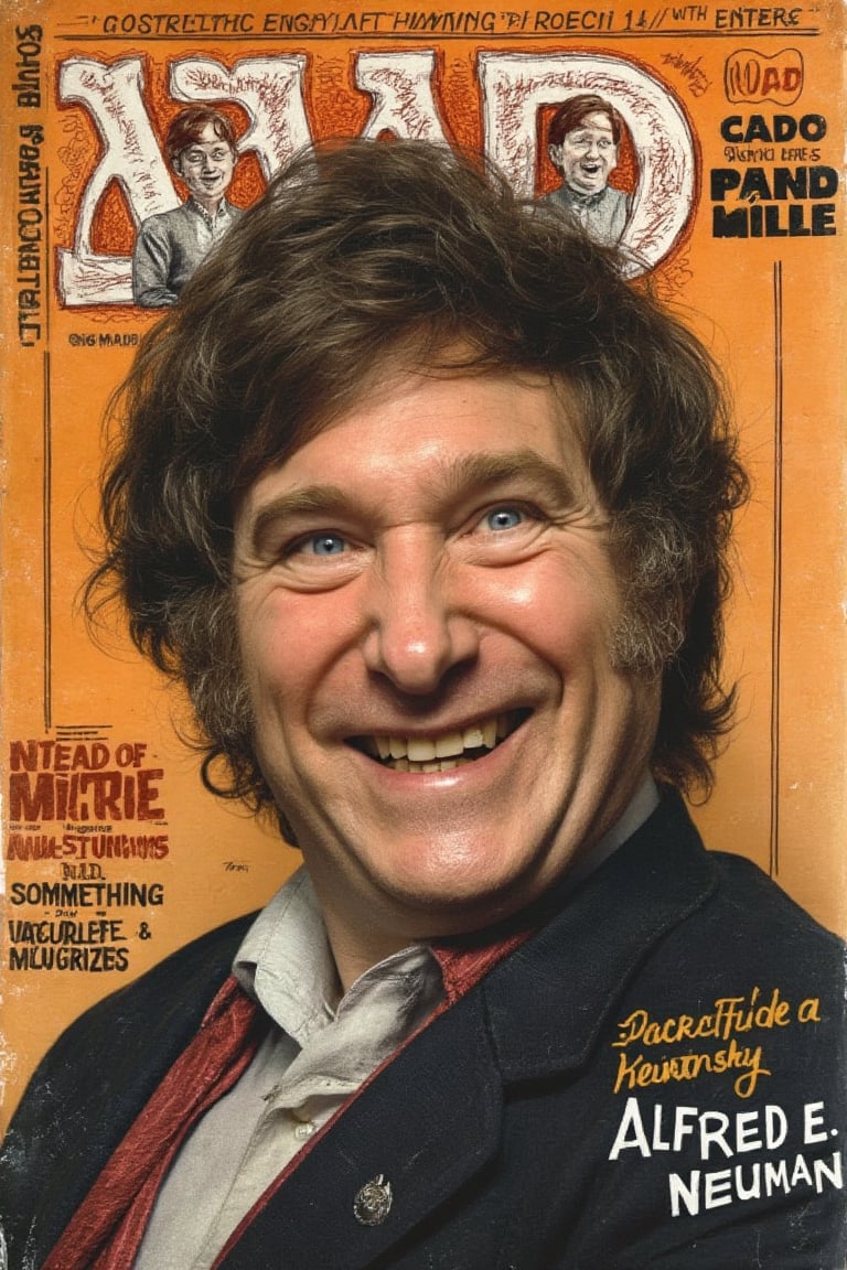 (((Javier Milei))) (((Mad Magazine cover with Javier Milei as Alfred E. Neuman))), typical pose with toothy smile, space between teeth, saying something weird, funny, strange and stupid. ((Javier Milei characterized as Alfred E. Neuman))