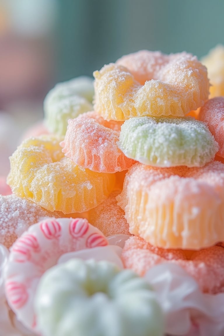 Macro photography style, shallow depth of field, close-up shot of pastel-colored candy, sharp focus on the intricate details and textures, soft natural lighting, detailed patterns and colors, high detail, realistic texture, vibrant pastel tones, indoor setting with a blurred background, intimate composition.