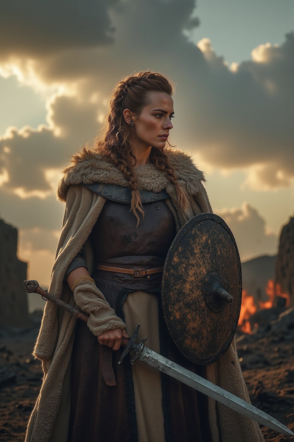 A portrait of a Viking shieldmaiden standing amidst the ruins of a once-great village, now reduced to ashes and rubble. Her face is hardened, eyes scanning the horizon with a mixture of sorrow and steely resolve. She holds her shield close to her body, its surface charred and cracked, and her other hand rests on the hilt of a sword. Her armor is scorched, and her braids are singed, but she stands tall, embodying the unbreakable spirit of a survivor. The background is filled with the remnants of smoldering buildings, with the sky above heavy with dark, swirling clouds. beautiful body, hourglass body,
