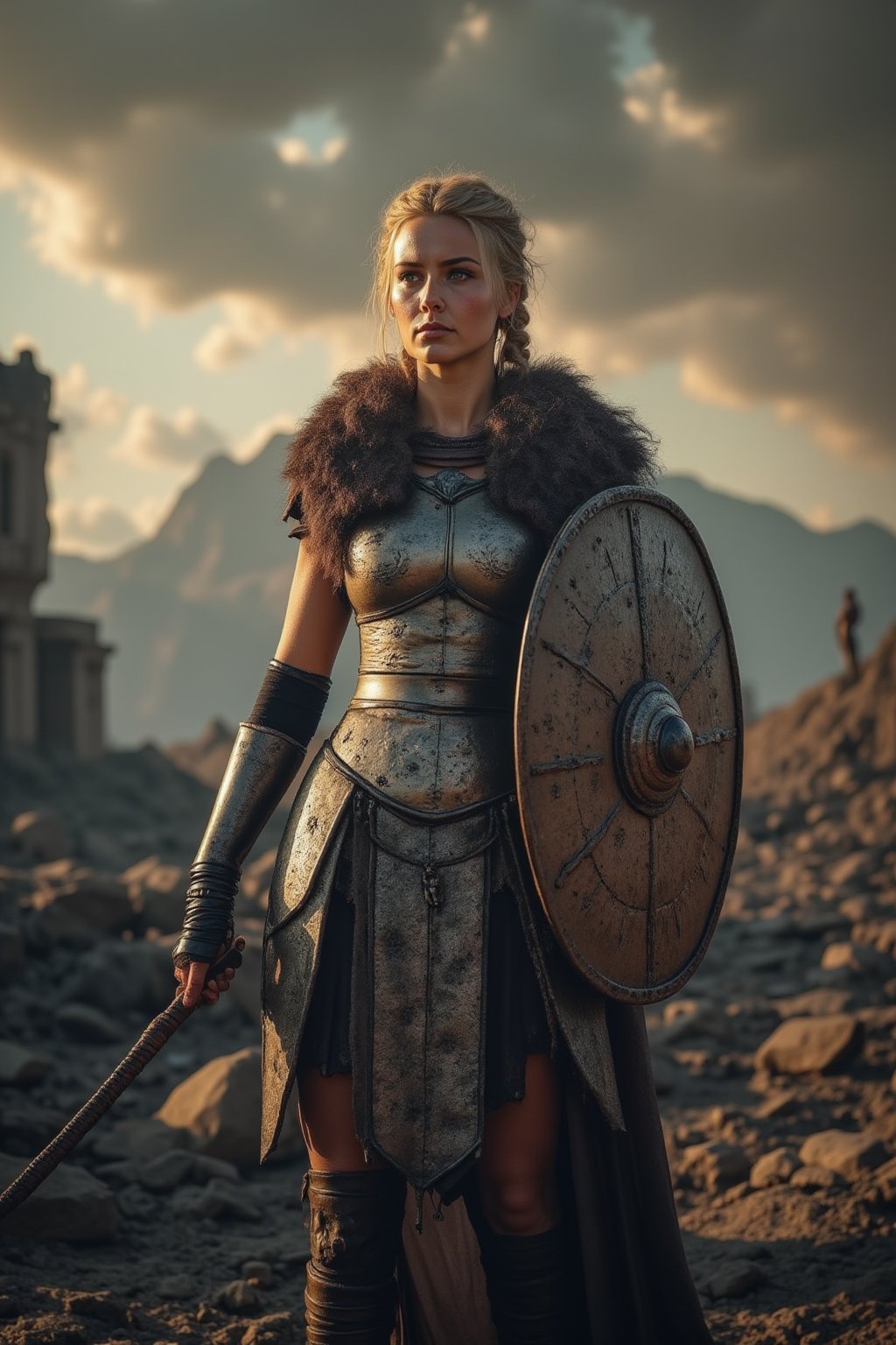 A portrait of a Viking shieldmaiden standing amidst the ruins of a once-great village, now reduced to ashes and rubble. Her face is hardened, eyes scanning the horizon with a mixture of sorrow and steely resolve. She holds her shield close to her body, its surface charred and cracked, and her other hand rests on the hilt of a sword. Her armor is scorched, and her braids are singed, but she stands tall, embodying the unbreakable spirit of a survivor. The background is filled with the remnants of smoldering buildings, with the sky above heavy with dark, swirling clouds. beautiful body, hourglass body,
