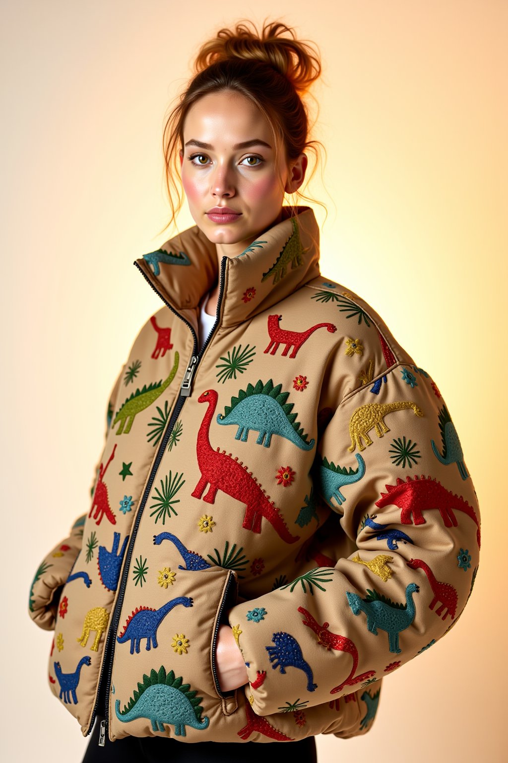 Vibrant studio setup: Softbox lighting casts a warm glow on a serene white background. A stunning European model, dressed in a statement piece - an embroidered quilted down jacket adorned with a whimsical naive dinosaur pattern - poses confidently in front view. The camera captures the intricate stitching and textured fabric, emphasizing the three-dimensional volume of the garment. The subject's gaze is direct, drawing attention to their radiant presence.