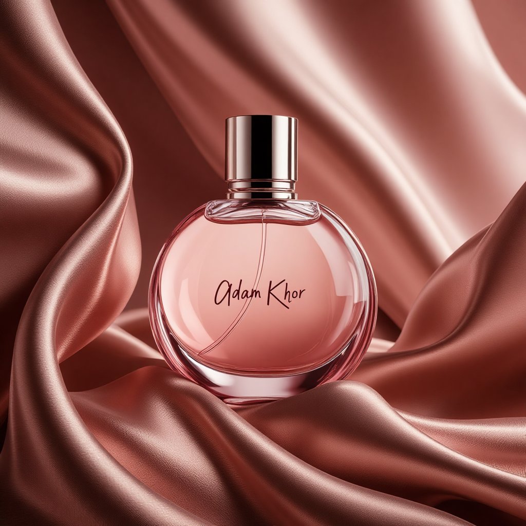 Elegant and modern perfume ad with a silk texture background,PFproduct. Product name "AdamKhor" written beautifully on it. 