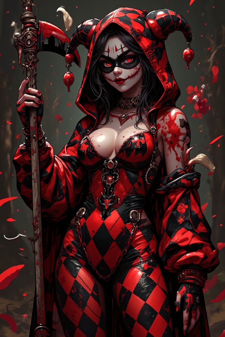 masterpiece, best quality, ultra high resolution, visually stunning, scary art, (Full body), (a stylized harlequin holding a scythe with a Halloween style that captures the attention of the public), (a woman in a red and black outfit and a mask), with a checkered pattern, (a necklace and a hood), badass, realistic, detailed, 4k,aw0k euphoric style,aesthetic portrait,pturbo,monster,Sci-fi ,scythe