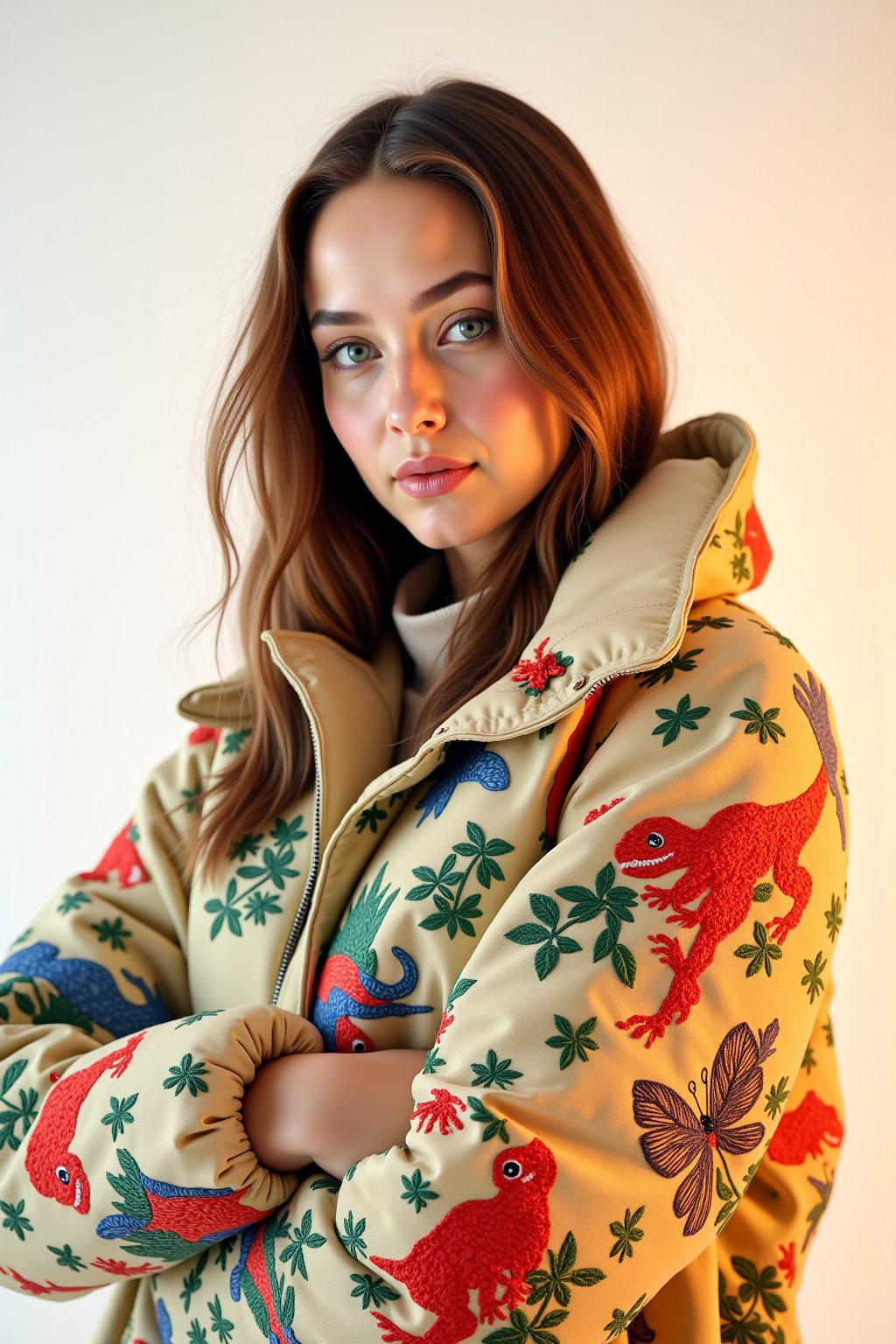 Vibrant studio setup: Softbox lighting casts a warm glow on a serene white background. A stunning European model, dressed in a statement piece - an embroidered quilted down jacket adorned with a whimsical naive dinosaur pattern - poses confidently in front view. The camera captures the intricate stitching and textured fabric, emphasizing the three-dimensional volume of the garment. The subject's gaze is direct, drawing attention to their radiant presence.