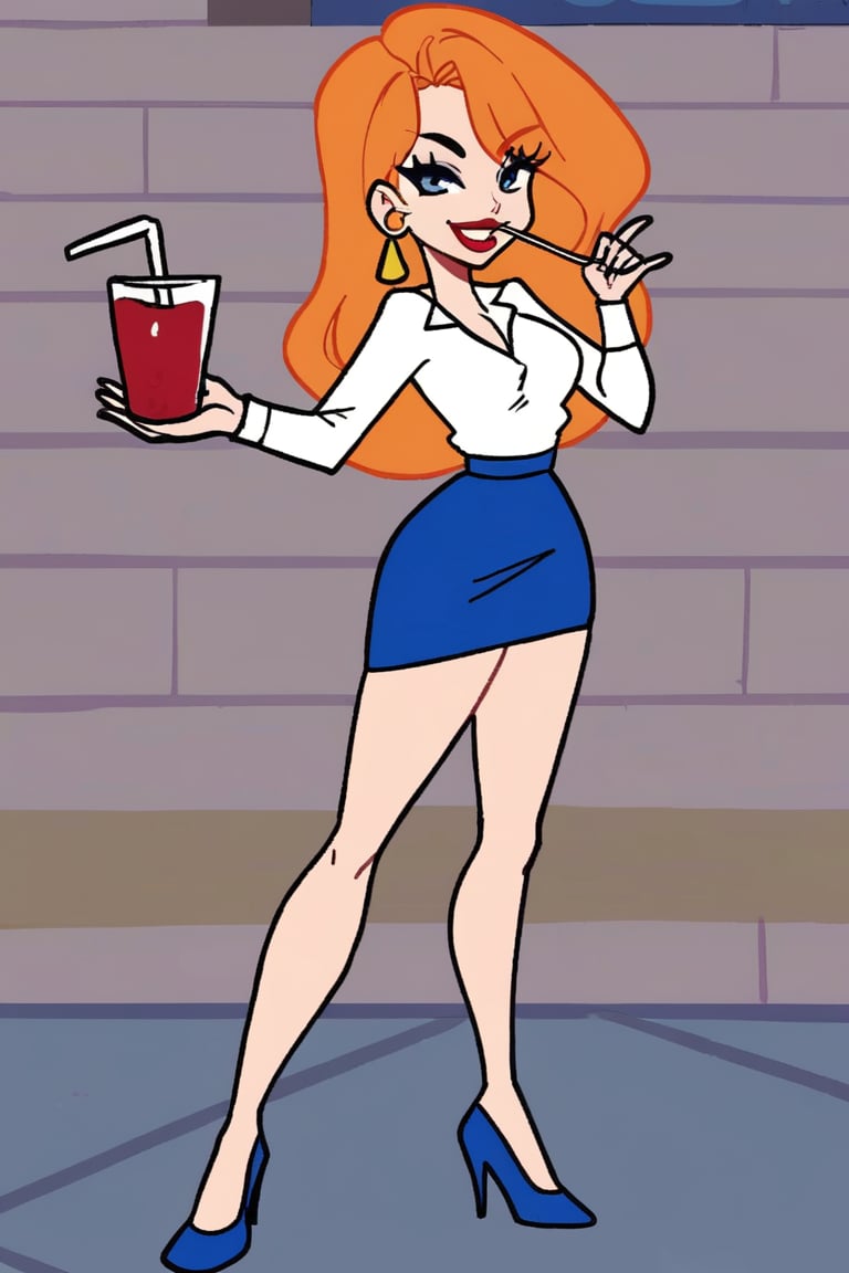 woman with long orange hair,  wearing a short white shirt royal blue skirt She is glass red cup with a straw in it. The wo...