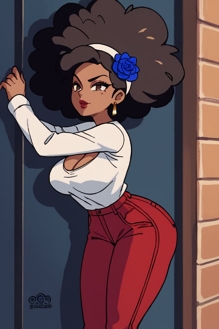 alone black woman brown skin with black and afro hair and a blue flower in her hair She is wearing red pants and white shi...