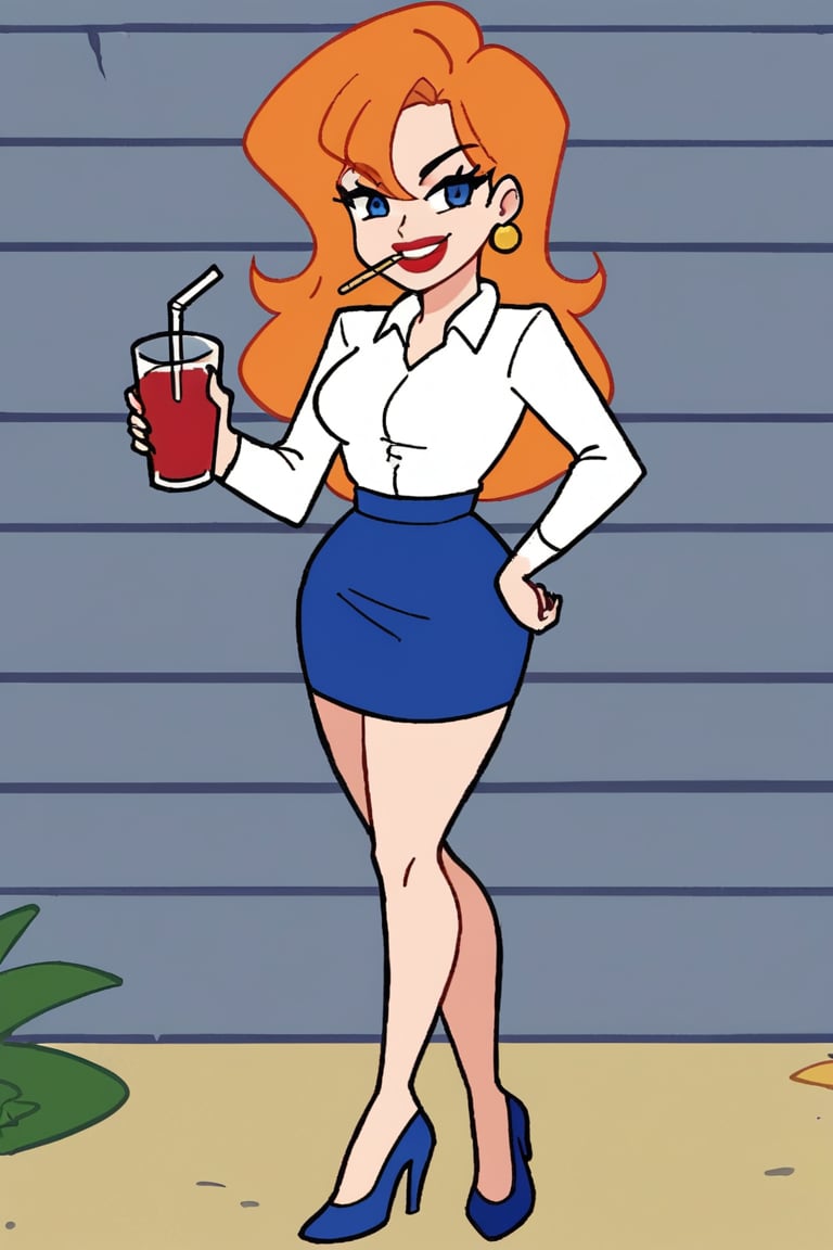 woman with long orange hair,  wearing a white shirt without sleeved royal blue skirt She is glass red cup with a straw in...