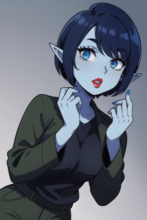 1 woman elf  with royal blue short hair and a ligt blue skin hands face. His and eyes black and red lips brown  jacket a black shirt, and a olive green pants 