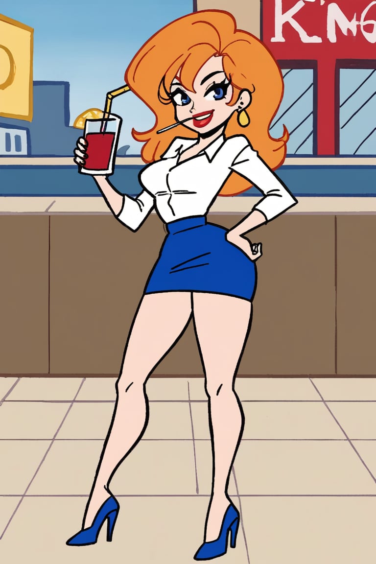 woman with long orange hair,  wearing a white shirt royal blue skirt She is glass red cup with a straw in it. The woman's...