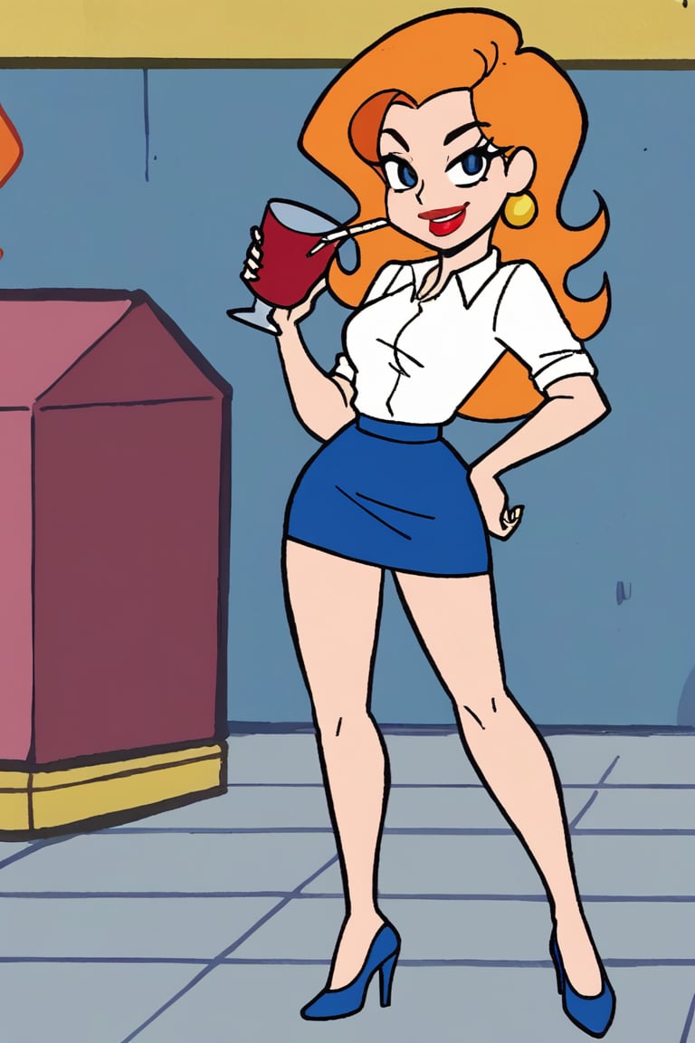 woman with long orange hair,  wearing a short white shirt royal blue skirt She is glass red cup with a straw in it. The wo...