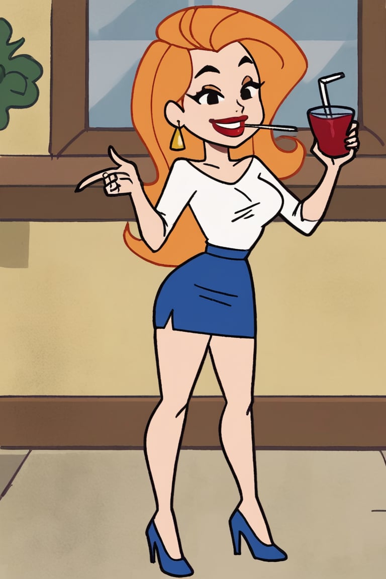 woman with long orange hair,  wearing a white shirt royal blue skirt She is glass red cup with a straw in it. The woman's...