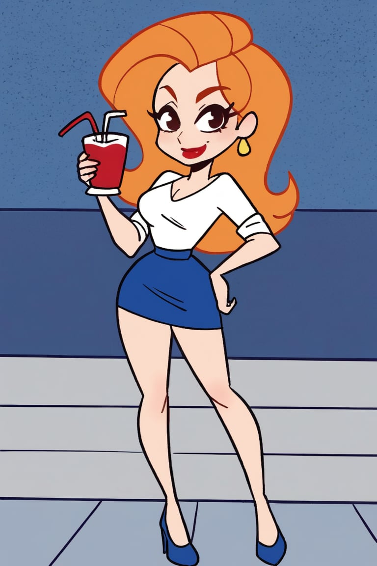 woman with long orange hair,  wearing a short white shirt royal blue skirt She is glass red cup with a straw in it. The wo...