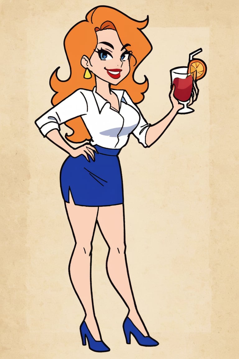 woman with long orange hair,  wearing a white shirt without sleeved royal blue skirt She is glass red cup with a straw in...