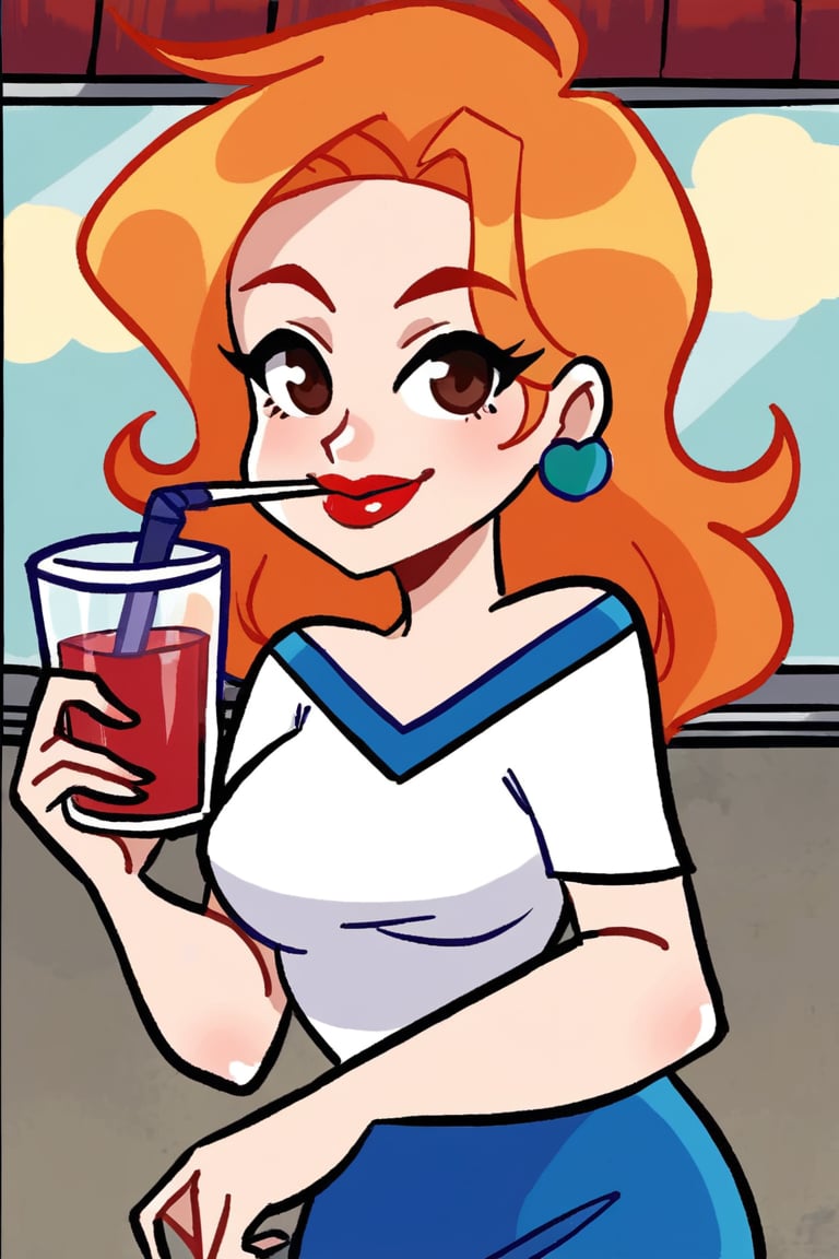 woman with long orange hair,  wearing a white short-sleeved royal blue skirt She is glass red cup with a straw in it. The...