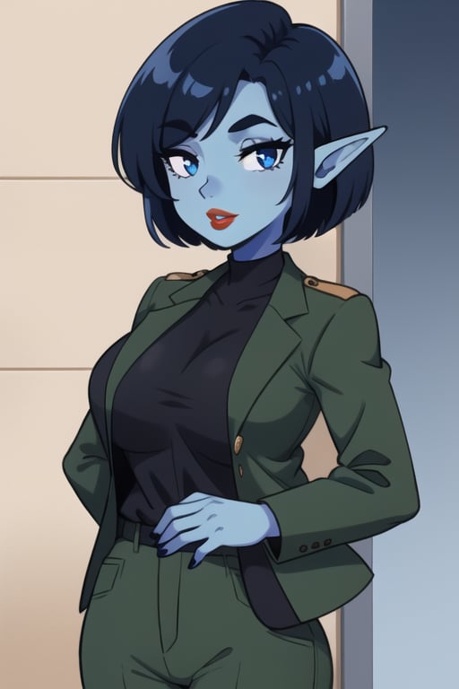 1 woman elf  with royal blue short hair and a ligt blue skin hands face. His and eyes black and red lips brown  jacket a black shirt, and a olive green pants 