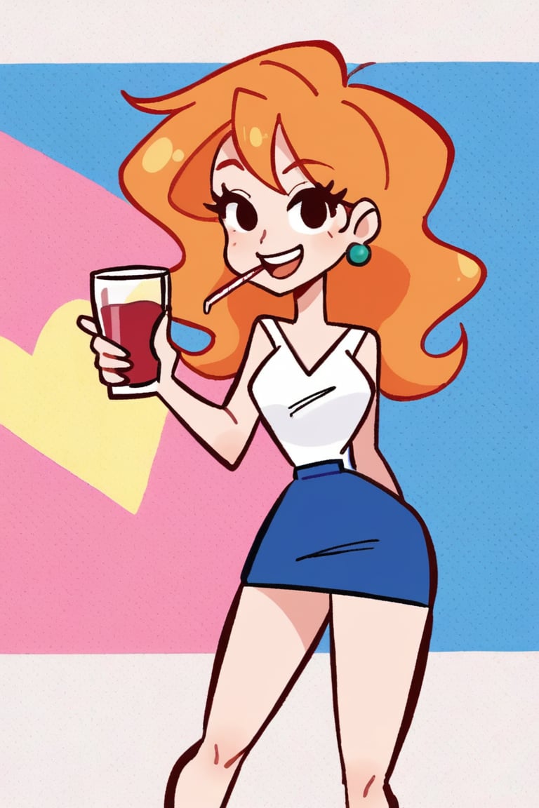 woman with long orange hair,  wearing a white short-sleeved royal blue skirt She is glass red cup with a straw in it. The...