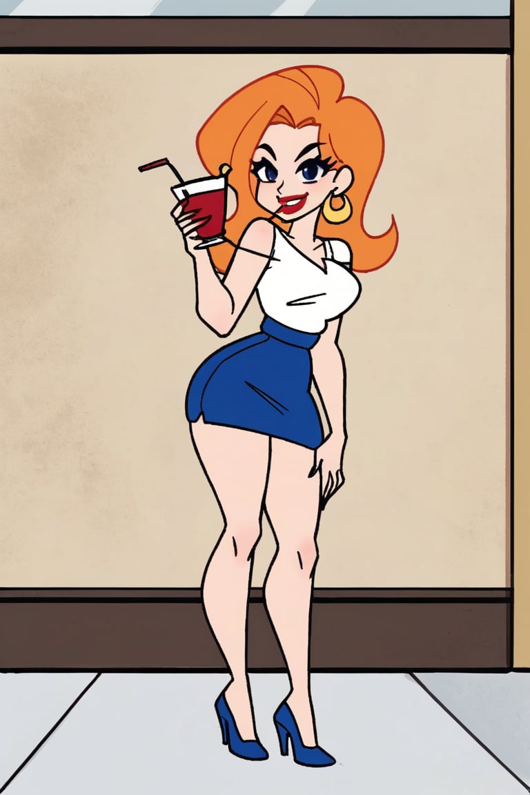woman with long orange hair,  wearing a short white shirt royal blue skirt She is glass red cup with a straw in it. The wo...