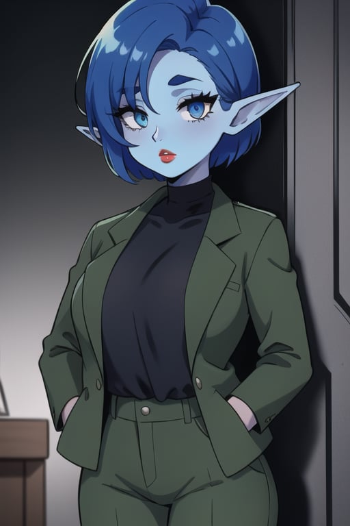 1 woman elf  with royal blue short hair and a ligt blue skin hands face. His and eyes black and red lips brown  jacket a black shirt, and a olive green pants 