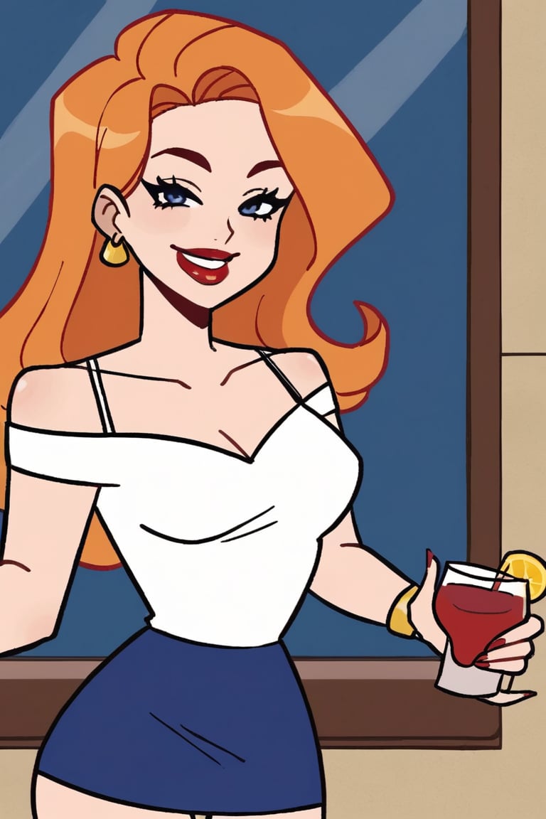 woman with long orange hair,  wearing a white short-sleeved royal blue skirt She is glass red cup with a straw in it. The...