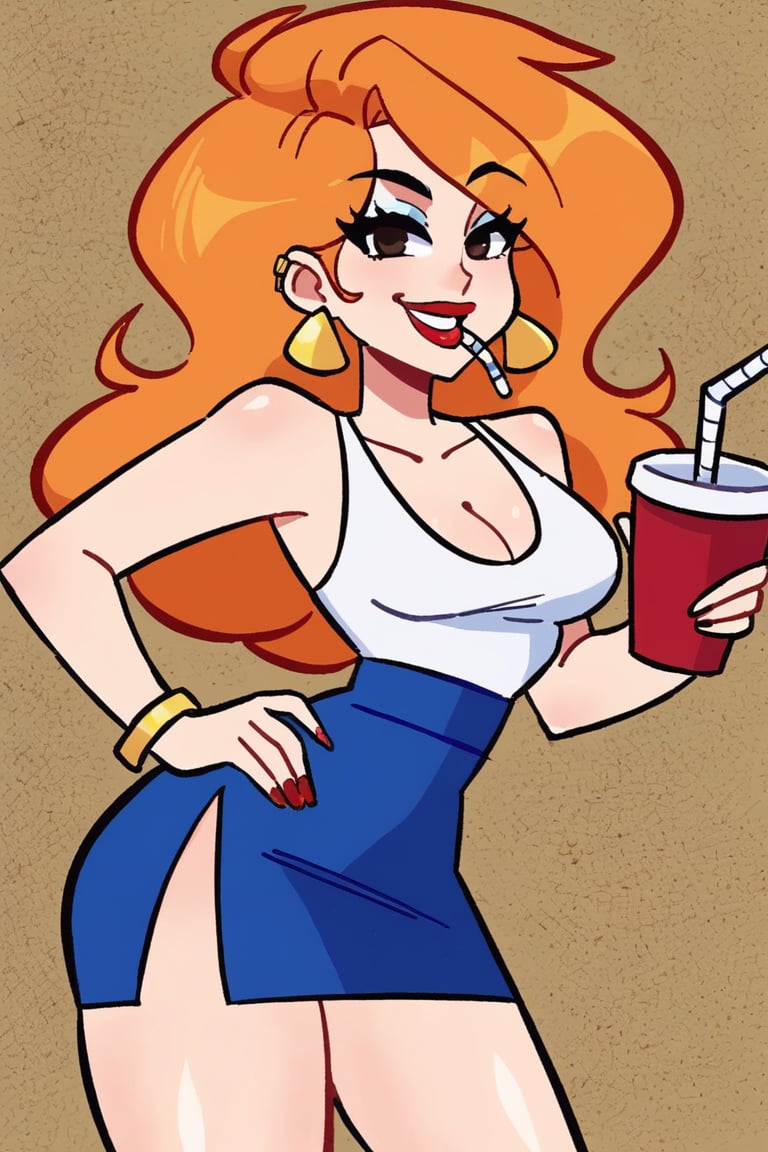 woman with long orange hair,  wearing a white short-sleeved royal blue skirt She is glass red cup with a straw in it. The...