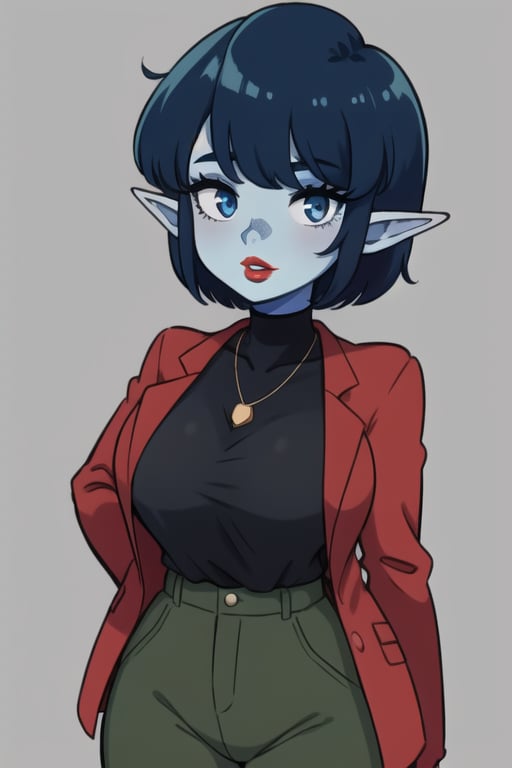 1 woman elf  with royal blue short hair and a ligt blue skin hands face. His and eyes black and red lips brown  jacket a black shirt, and a olive green pants 