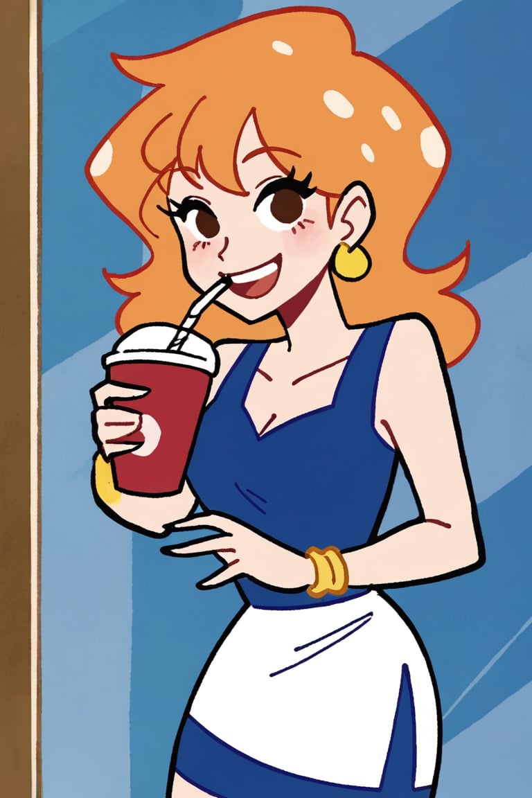 woman with long orange hair,  wearing a white short-sleeved royal blue skirt She is glass red cup with a straw in it. The...