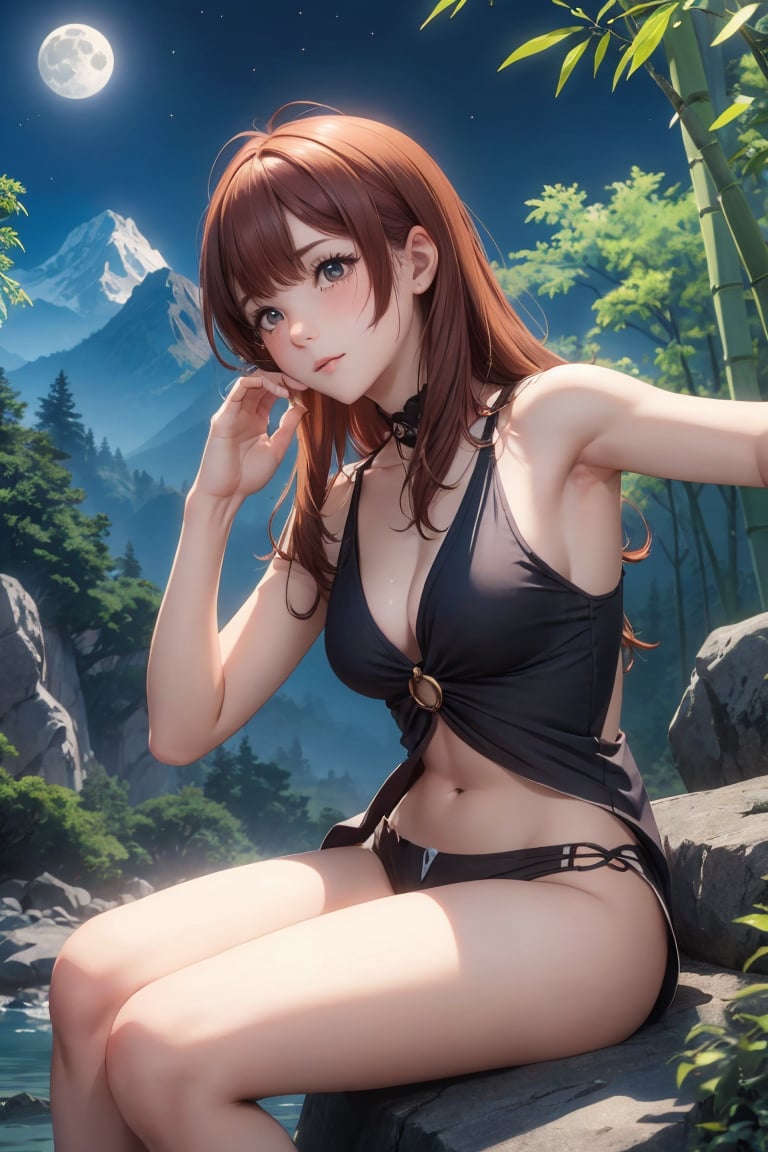 Reddish brown hair that is just above chest area, round teary eyes, leaning forward, showing more skin, visible armpit, near the side of falls sitting on a big rock with moon visible in the background and there are bamboo trees nearby.