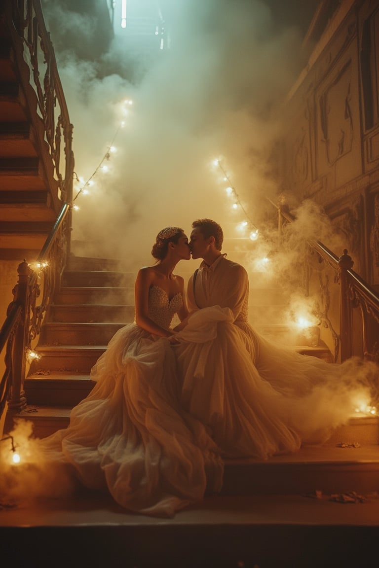 In a cinematic masterpiece, a model couple sits elegantly on a grand staircase, enveloped in a mystical aura. The photographer captures a moment that distills the essence of romance and grandeur. The swirling mist and glowing lights create an ethereal effect, transporting viewers into a fairytale realm. Each detail is meticulously crafted, sending a powerful message of timeless love and elegance. The ambient lighting and dramatic composition enhance the visual storytelling, making the scene feel like a captured moment from an epic film. This photograph is not just an image, but a narrative that invites imagination and emotion.