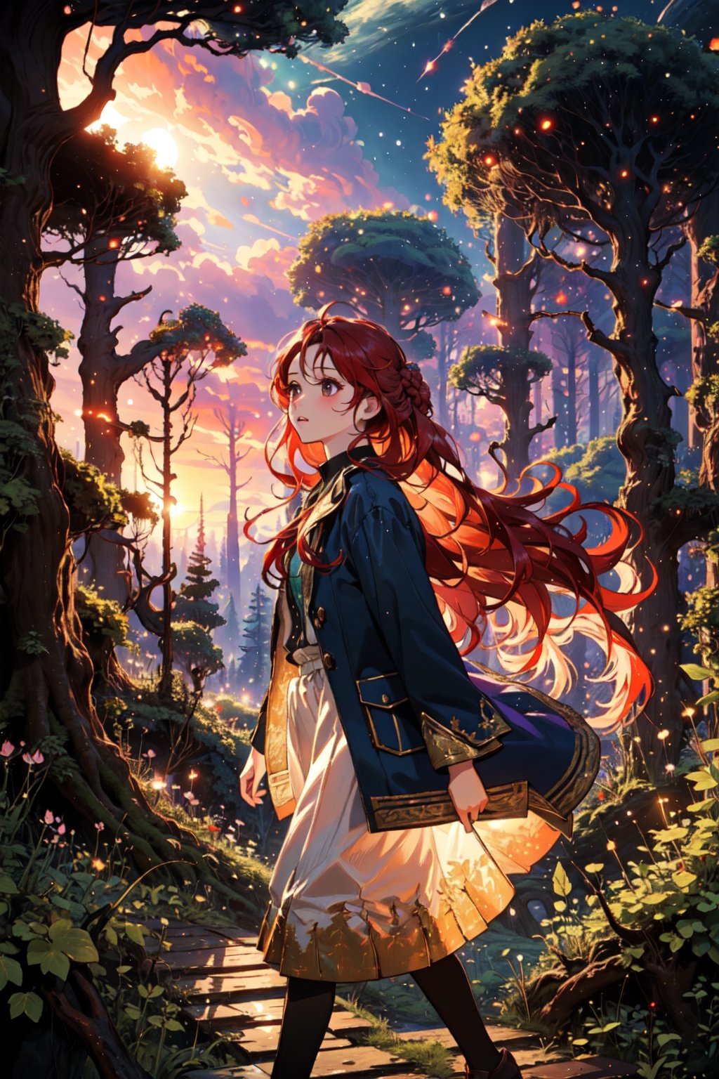 (masterpiece), best quality, high resolution, extremely detailed, detailed background, dynamic lighting, realistic, photorealistic,1 girl, realistic, long hair, alchemist, sunset, collecting herbs, cute hairstyle, vibrant colorful hair, windy, forest, magical forest, walking the forest, forest bridge of branches